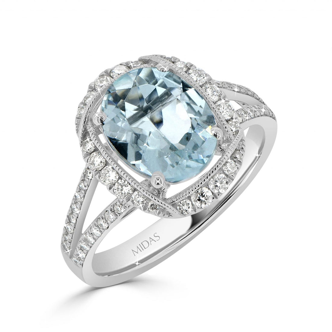 Oval Cut Aquamarine and Diamond Halo Pavé Split Shank Ring