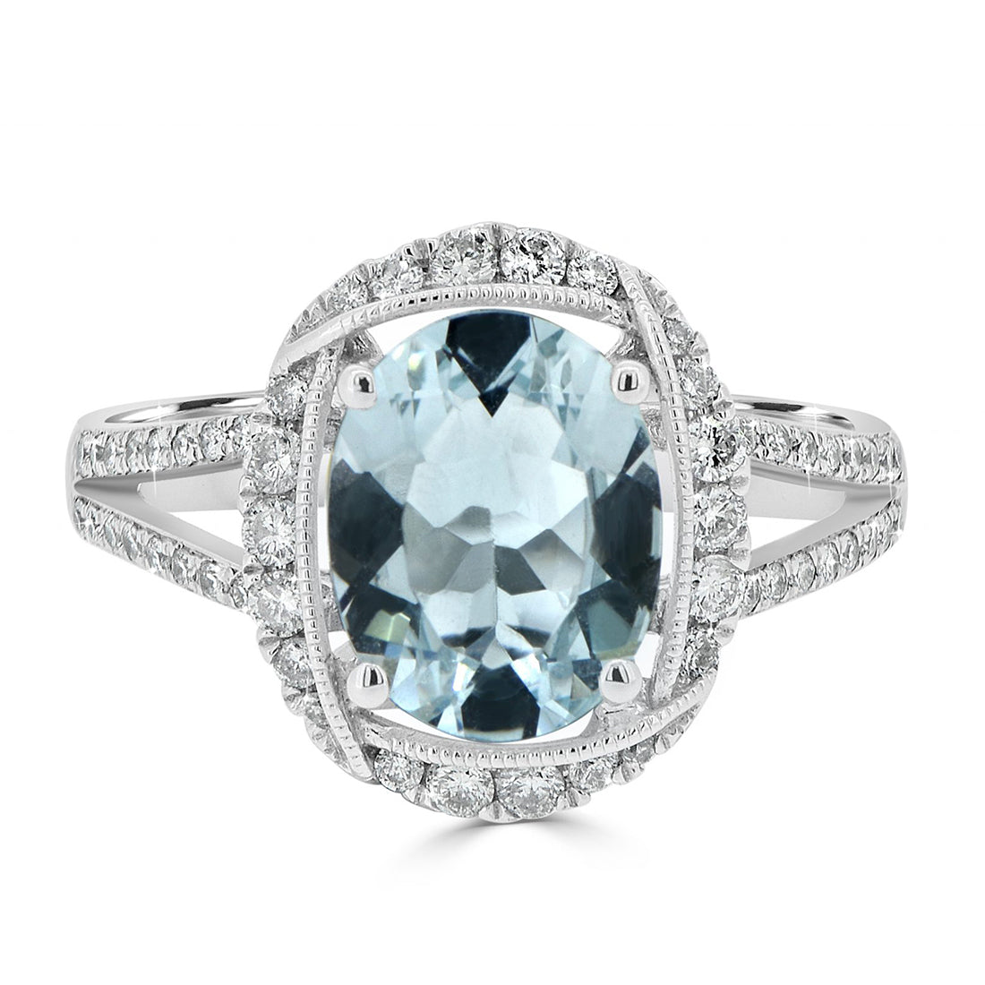 Oval Cut Aquamarine and Diamond Halo Pavé Split Shank Ring