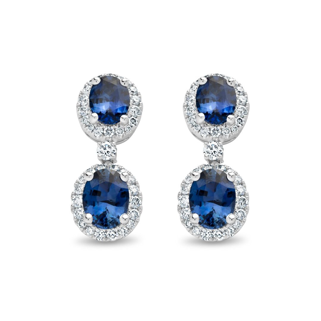 Oval Cut Blue Sapphire and Diamond Halo Drop Earrings