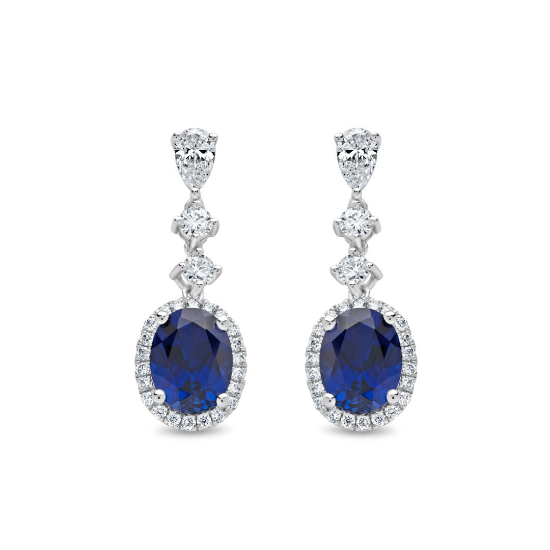 Oval Cut Blue Sapphire and Pear Diamond Halo Drop Earrings