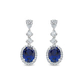Oval Cut Blue Sapphire and Pear Diamond Halo Drop Earrings