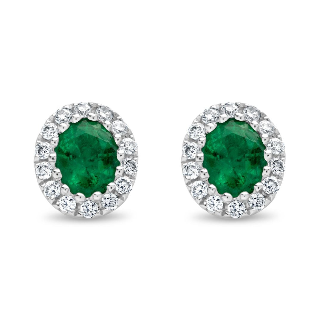 Oval Emerald and Diamond Halo Studs