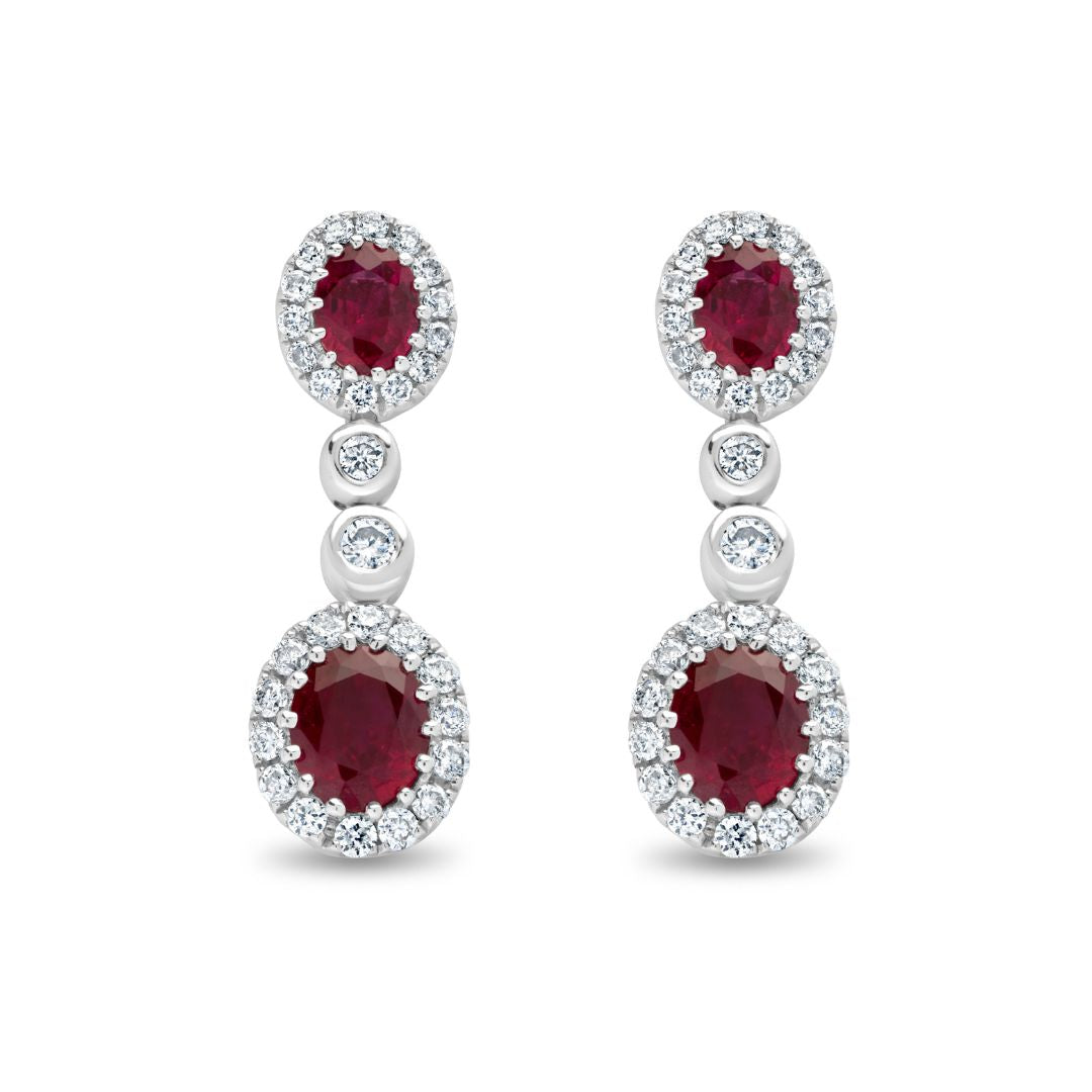 Oval Cut Ruby and Diamond Halo Drop Earrings