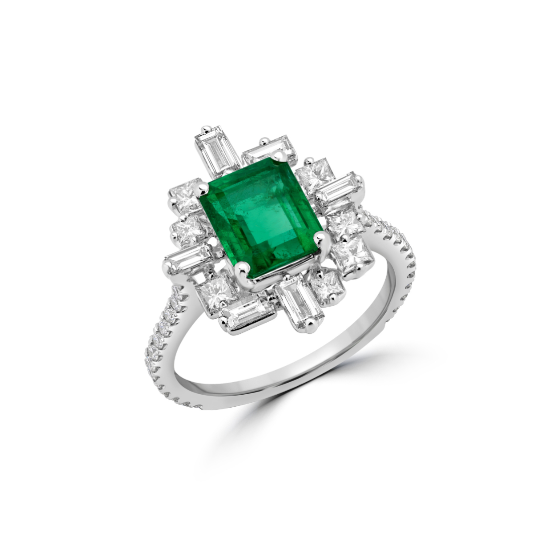 Emerald Green Ring with Art Deco Halo