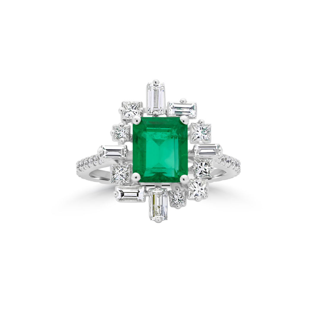 Emerald Green Ring with Art Deco Halo