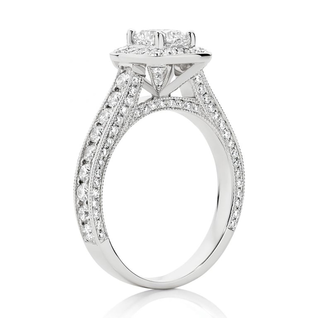 LG Cushion Cut with Pavé Halo and Milgrain Edging Engagement Ring