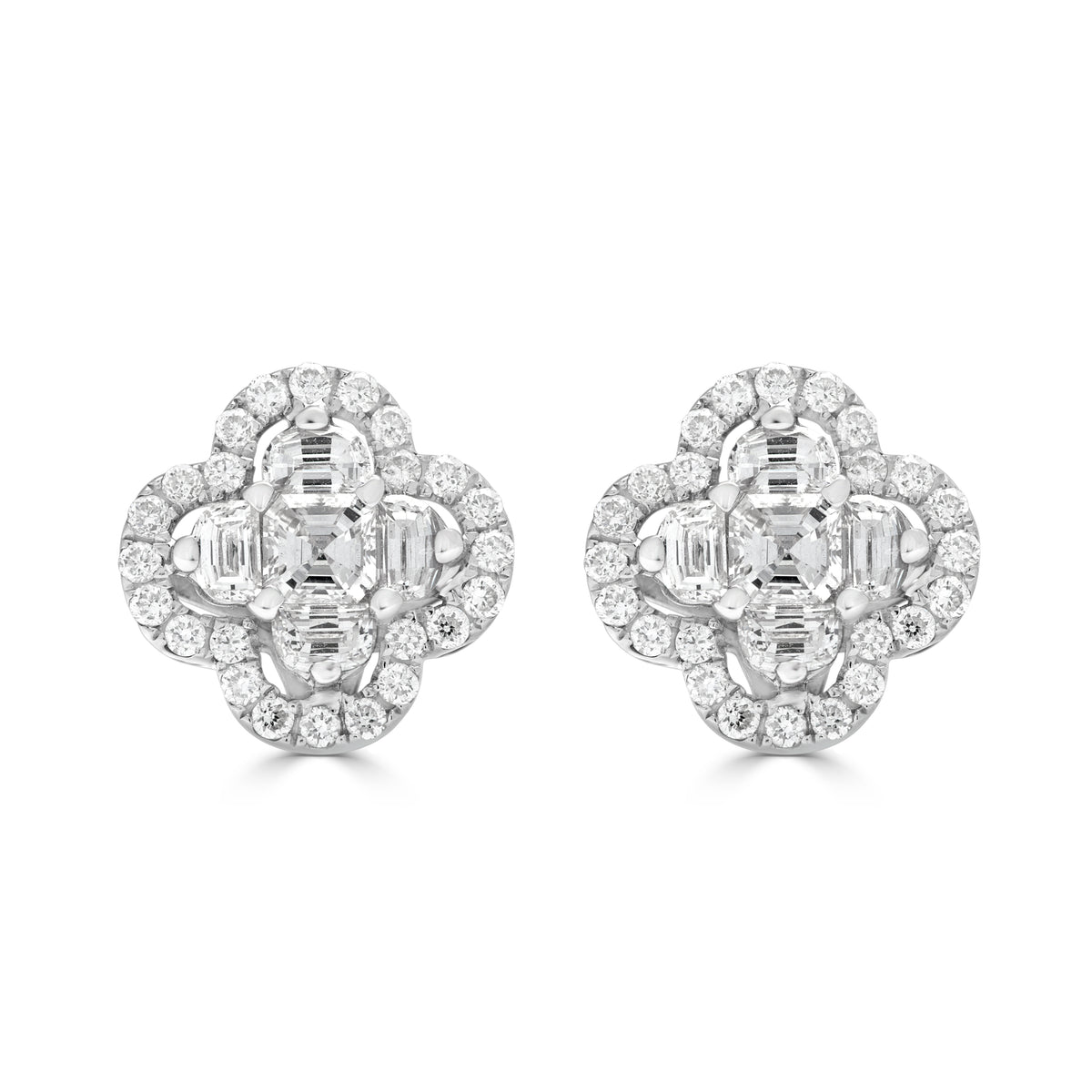 Asscher Cut Diamond Floral Cluster Stud Earrings