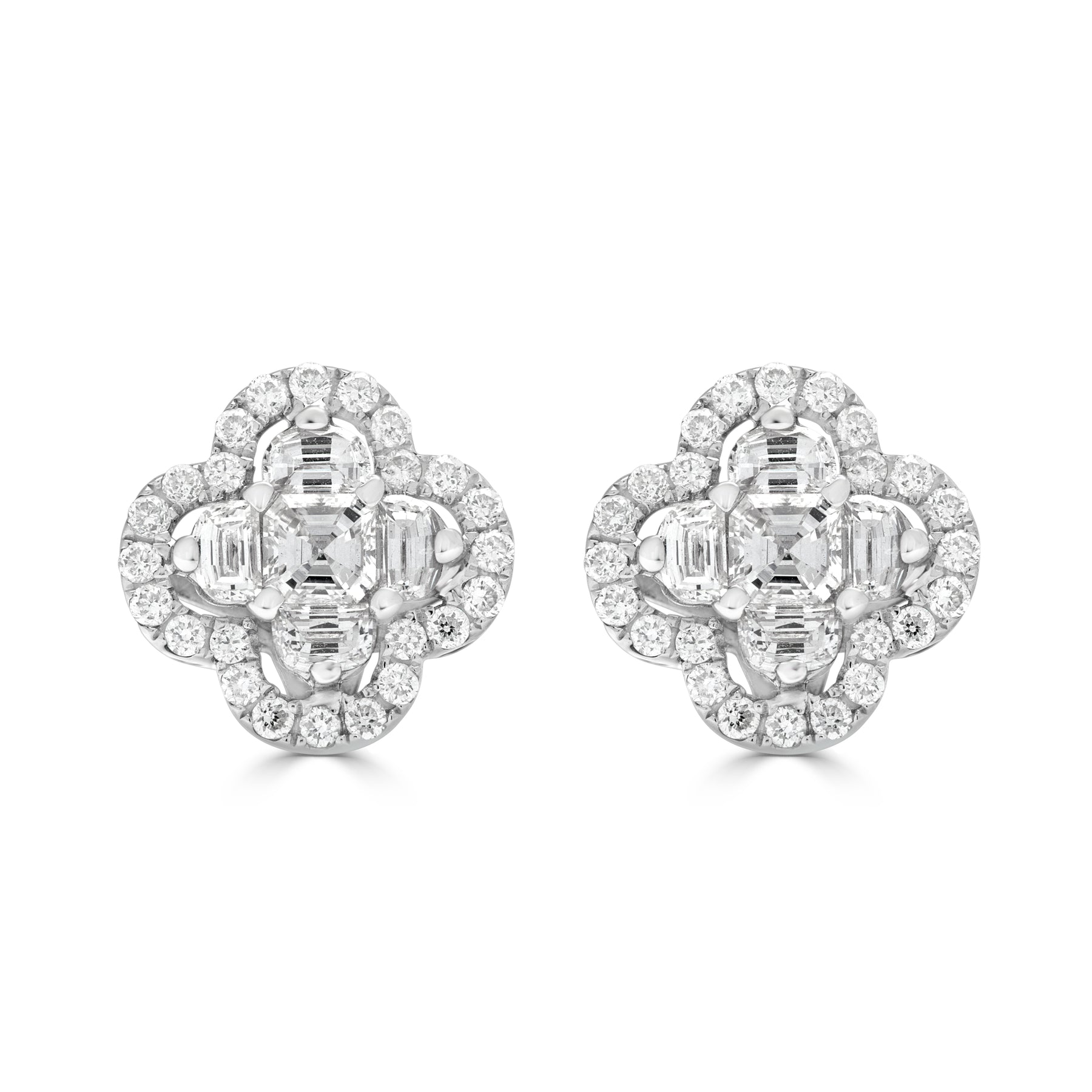 Asscher Cut Diamond Floral Cluster Stud Earrings