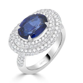 Enchanted Sideways Oval Sapphire and Diamond Pavè Double Halo Ring