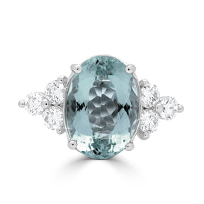 Oval Cut Aquamarine and Round Diamond Floral Cluster Dress Ring
