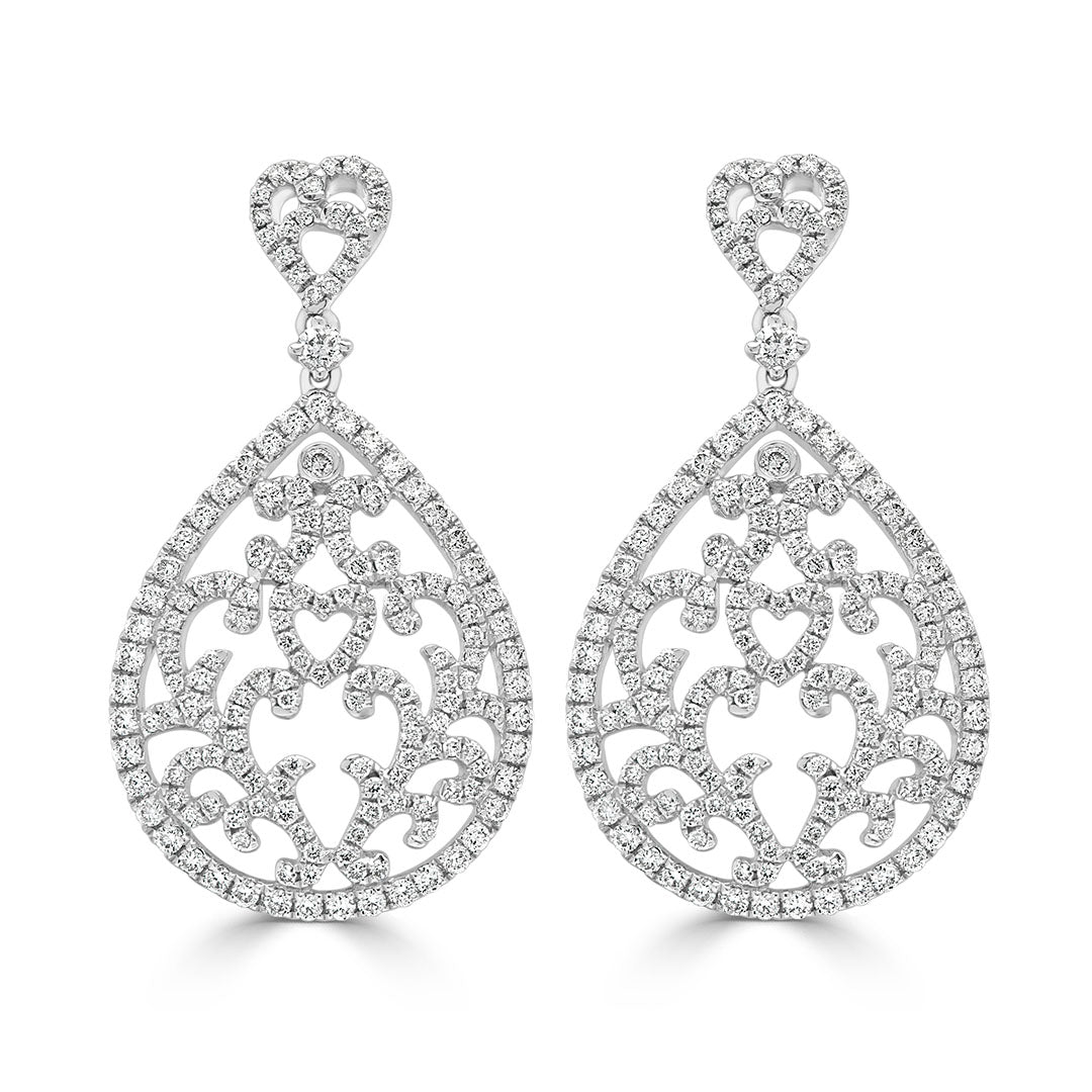 Art Deco Round Brilliant Pavé Teardrop Diamond Drop Earrings