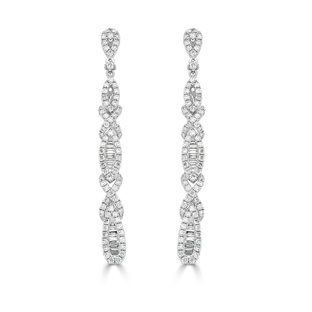 Baguette and Round Brilliant Cut Diamond Drop Earrings
