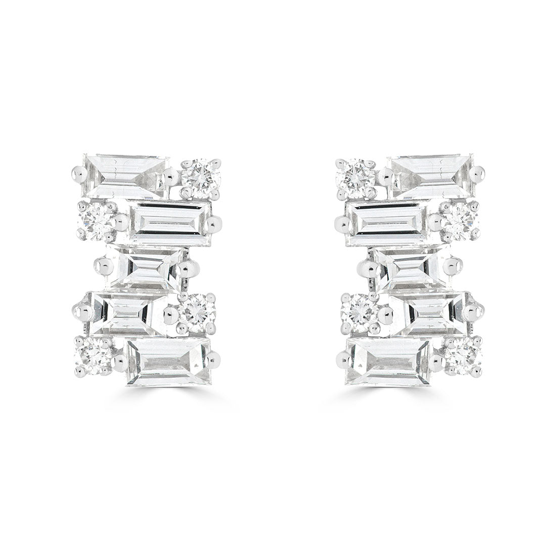 Baguette and Round Cut Diamond Bar Earrings