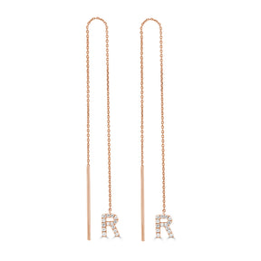 Round Cut Diamond Initial 'R' Chain Earrings