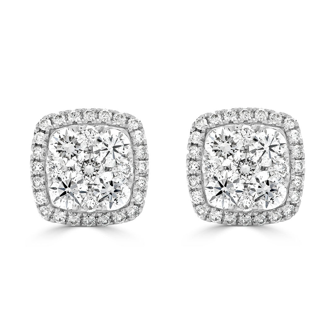 Round Brilliant Halo Cluster Cushion Diamond Earrings