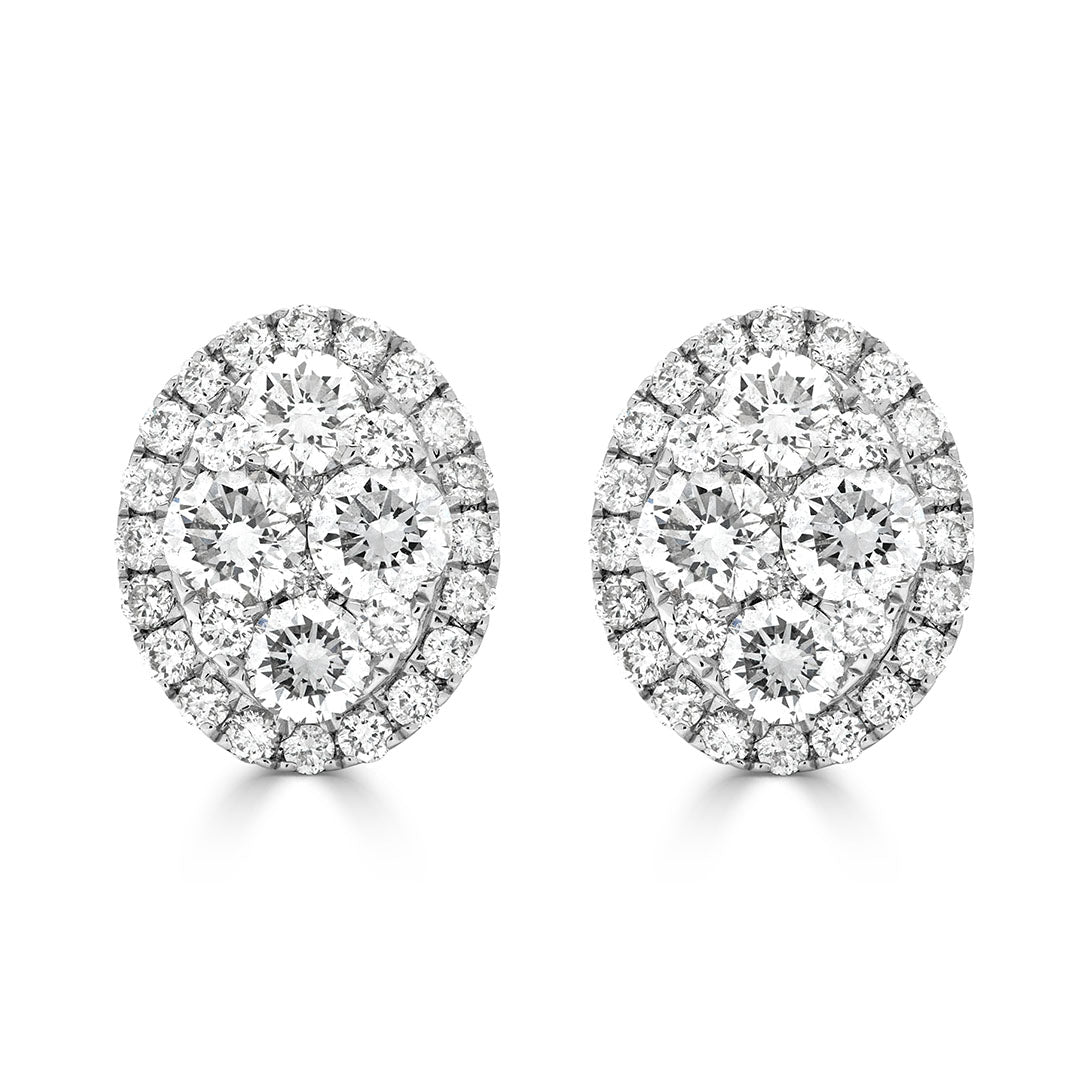 Round Brilliant Halo Cluster Oval Diamond Earrings