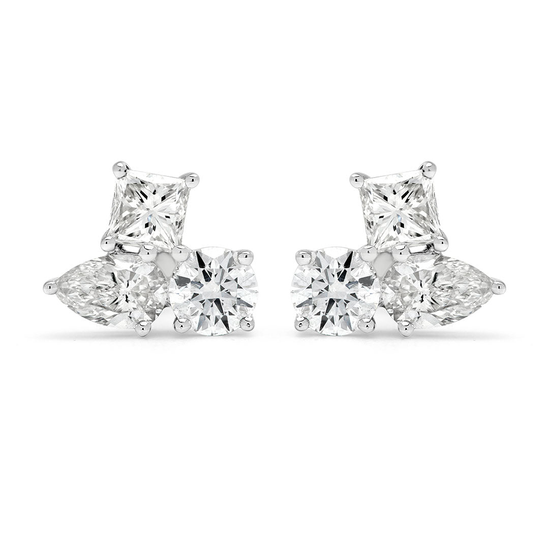 Princess, Round and Pear Cut Outward Trio Diamond Earrings