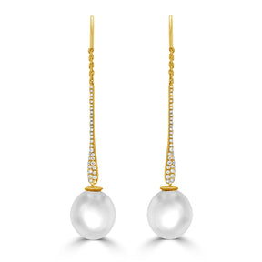 Pavé Diamond Long Drop South Sea Pearl Earrings