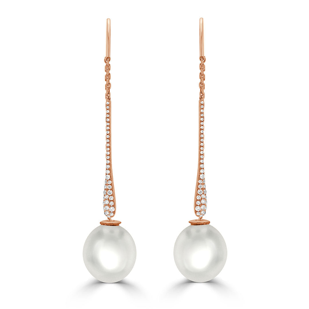 Pavé Diamond Long Drop South Sea Pearl Earrings
