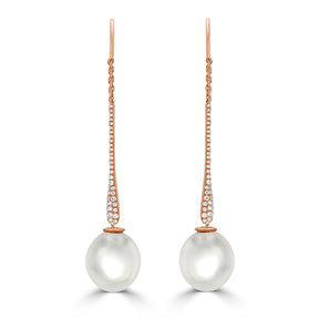 Pavé Diamond Long Drop South Sea Pearl Earrings