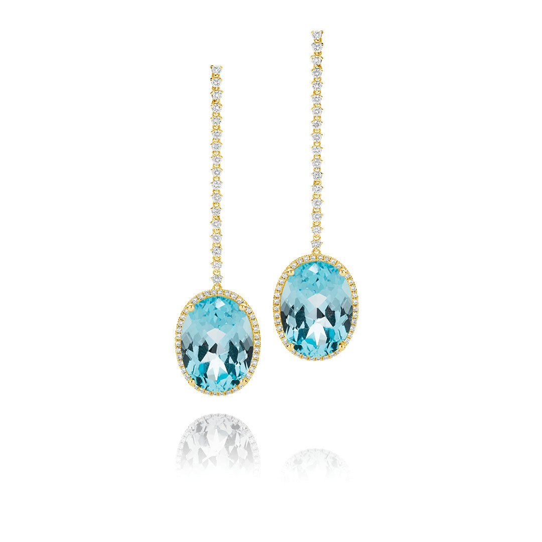 Oval Cut Blue Topaz and Diamond Halo Drop Earrings