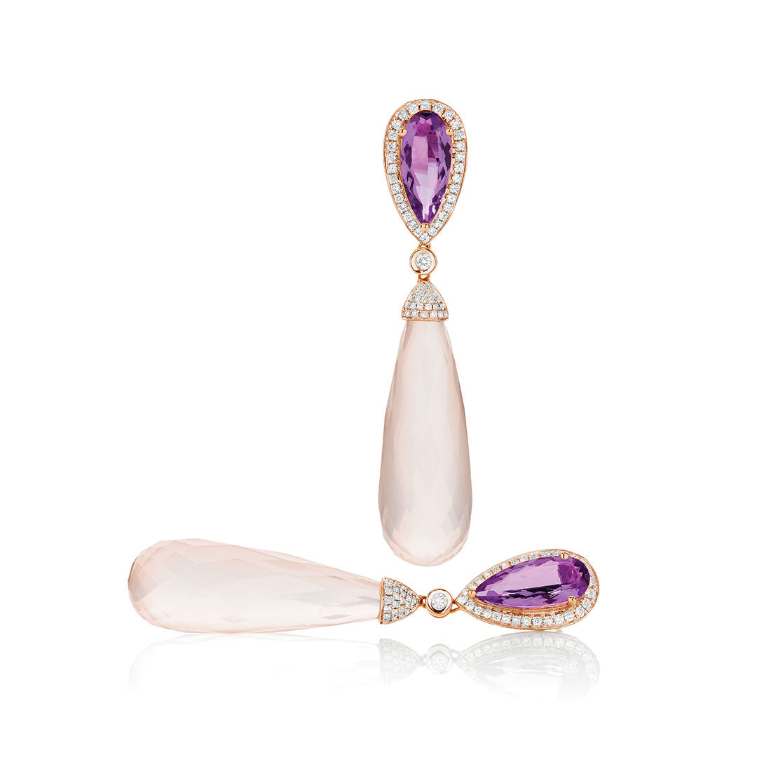 Pear Cut Amethyst and Rose Quartz Drop Earrings