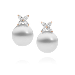 Marquise Cut Diamond and Australian South Sea Pearl Stud Earrings