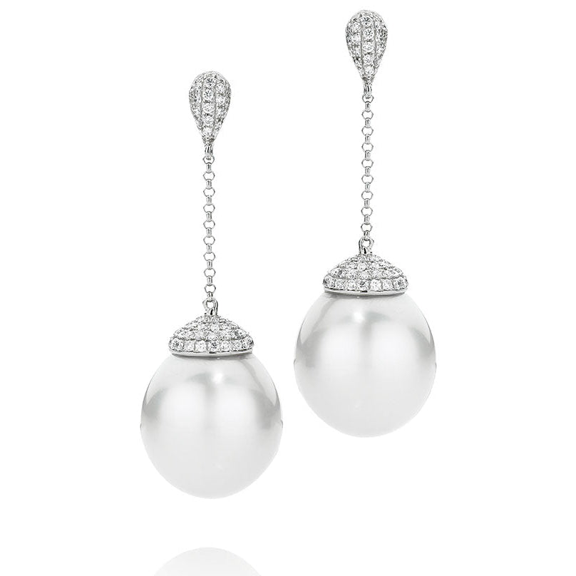 Round Australian South Sea Pearl and Pavé Diamond Drop Earrings