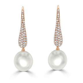Round Australian South Sea Pearl and Diamond Drop Earrings