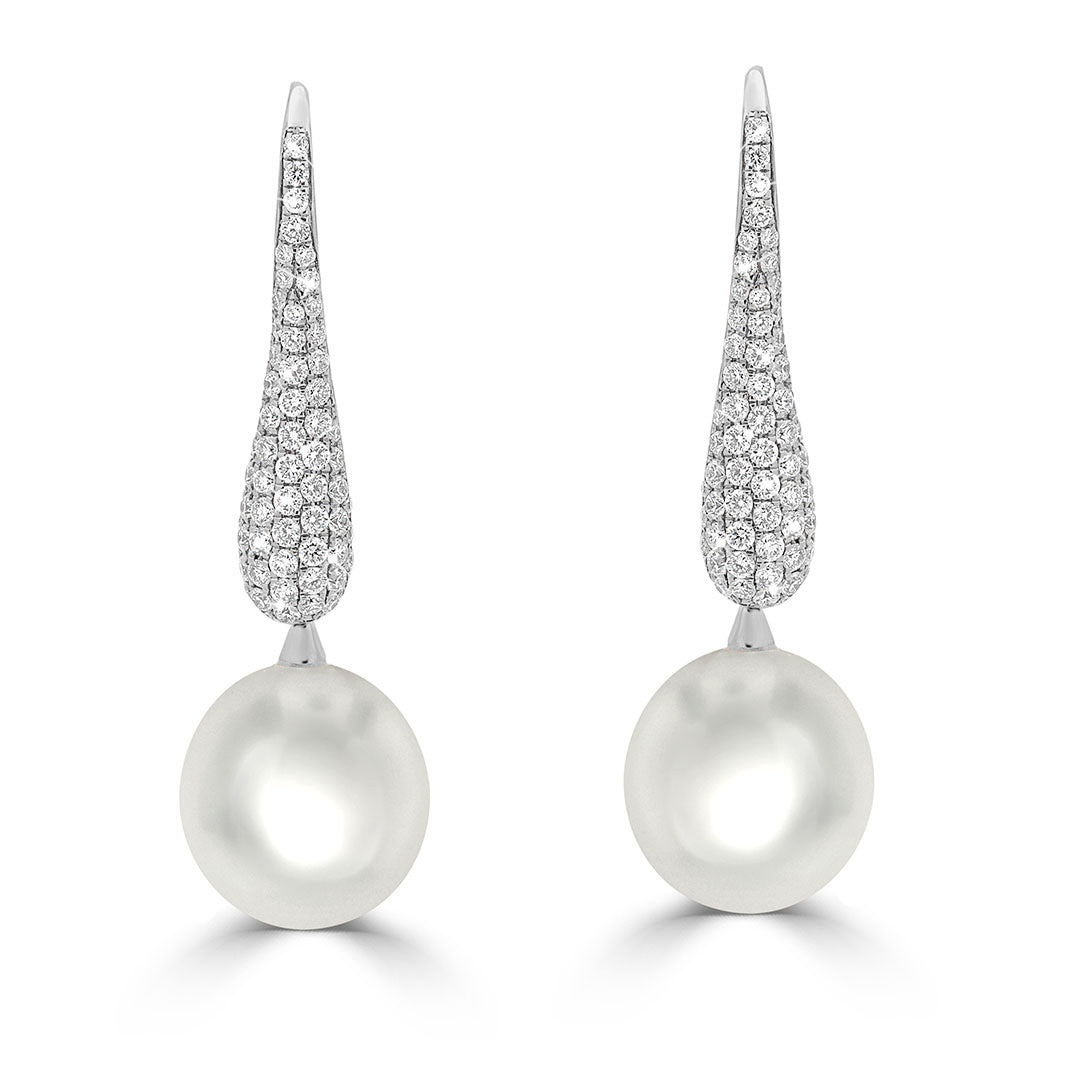 Pavé Diamond Drop South Sea Pearl Earrings
