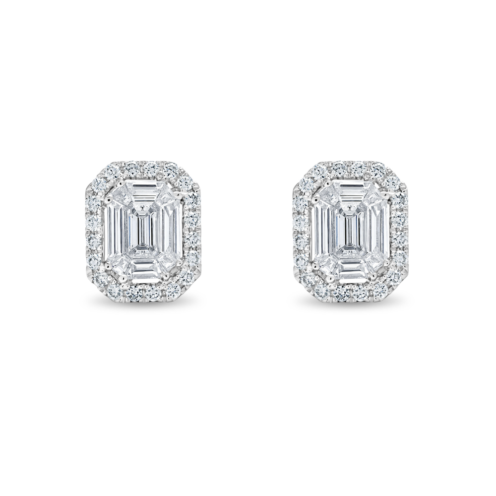 Emerald Cut Diamond Cluster Halo Earrings