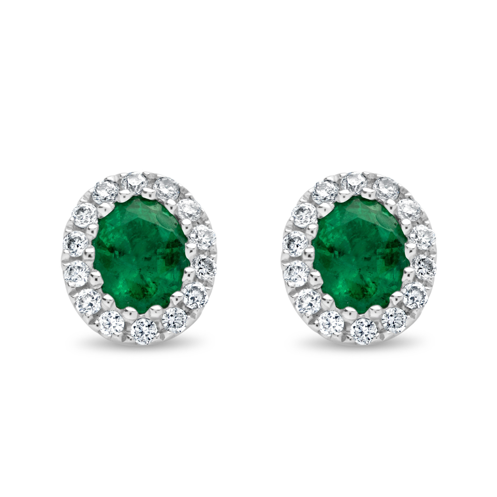 Oval Cut Emerald and Diamond Halo Stud Earrings