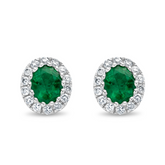 Oval Cut Emerald and Diamond Halo Stud Earrings