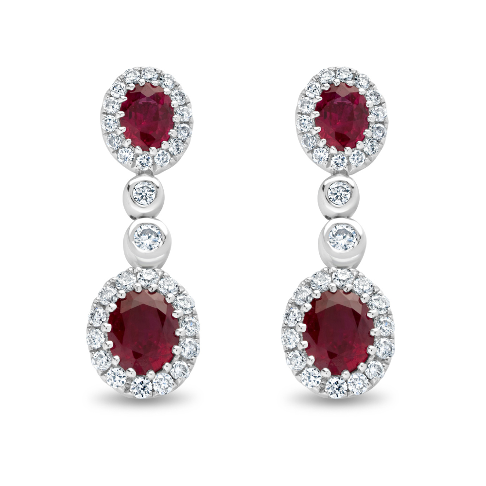 Oval Cut Ruby and Diamond Halo Drop Earrings