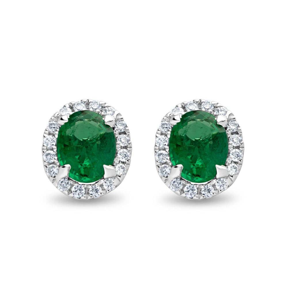 Four Claw Oval Cut Emerald and Diamond Halo Stud Earrings