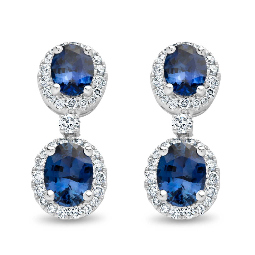 Oval Cut Blue Sapphire and Diamond Halo Drop Earrings