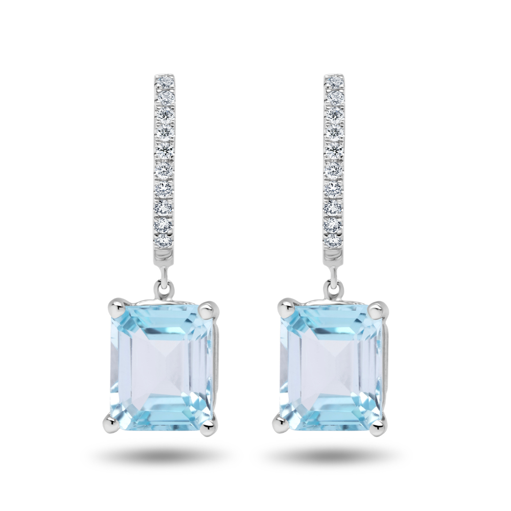 Emerald Cut Aquamarine and Diamond Drop Earrings