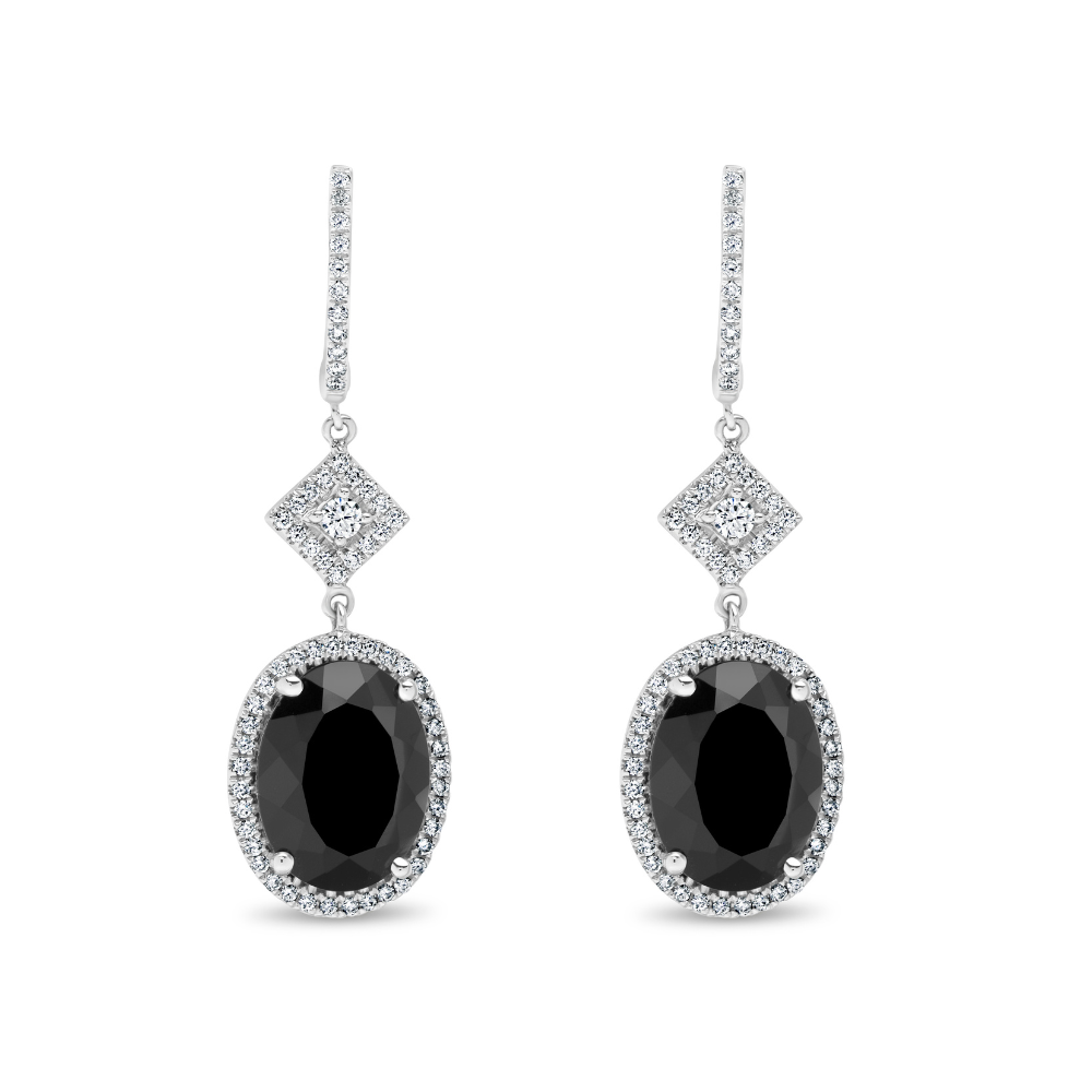 Oval Cut Black Onyx and Diamond Halo Drop Earrings
