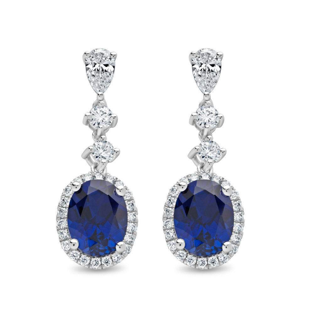 Oval Cut Ceylon Sapphire and Diamond Halo Drop Earrings