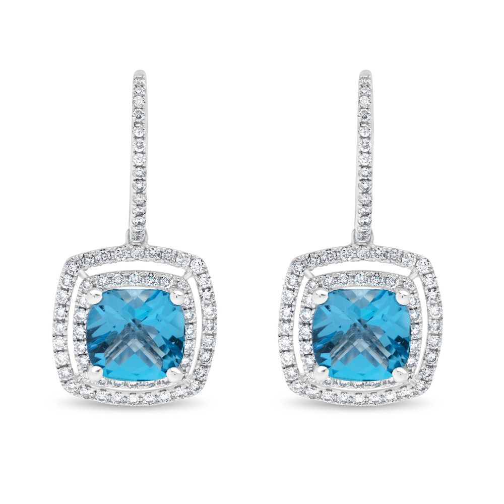 Cushion Cut Blue Topaz and Diamond Double Halo Drop Earrings