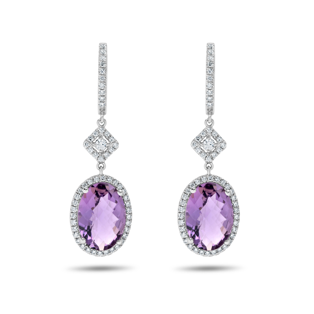 Oval Cut Amethyst and Diamond Halo Drop Earrings
