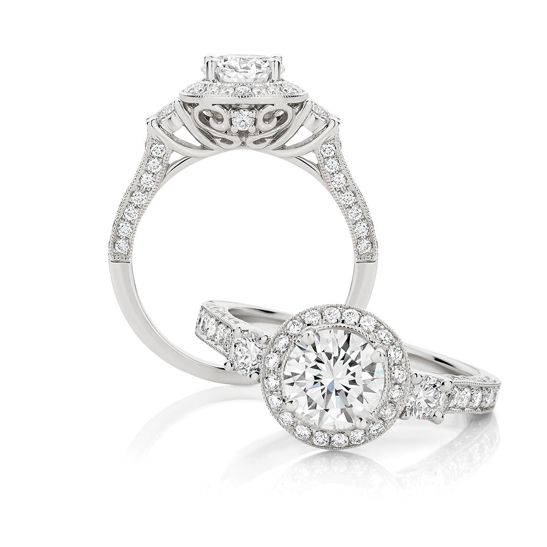 Pavé Halo Round Brilliant Cut Diamond Engagement Ring