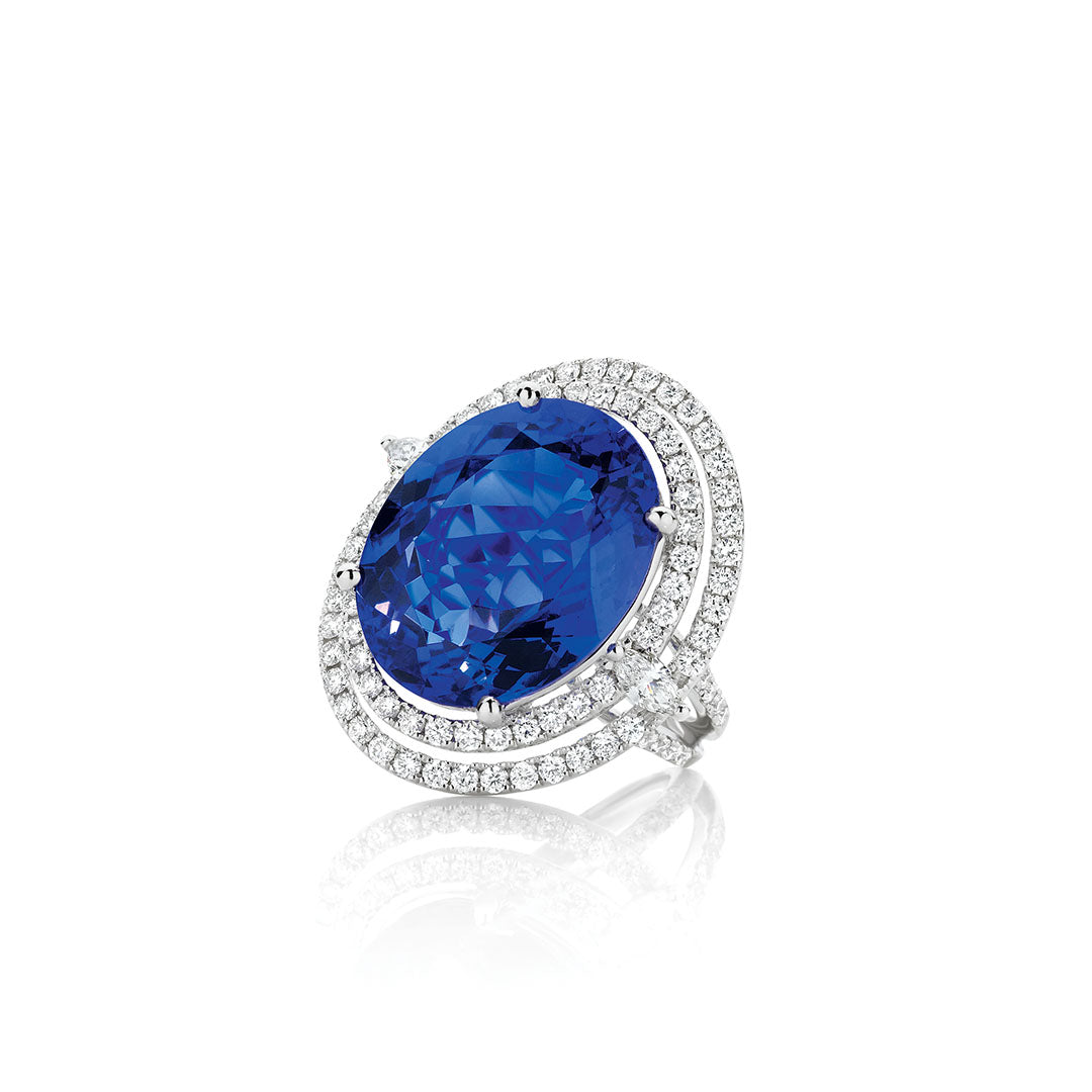 Oval Blue Sapphire and Diamond Double Halo Ring