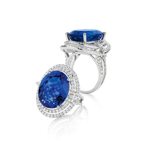 Oval Blue Sapphire and Diamond Double Halo Ring