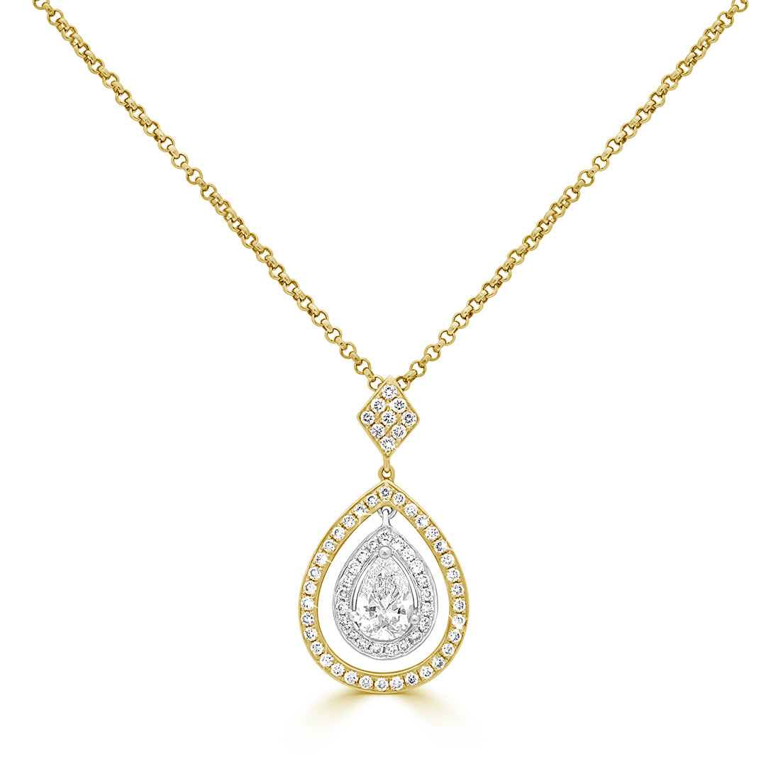 Pear Cut and Round Brilliant Diamond Double Halo Pendant Necklace