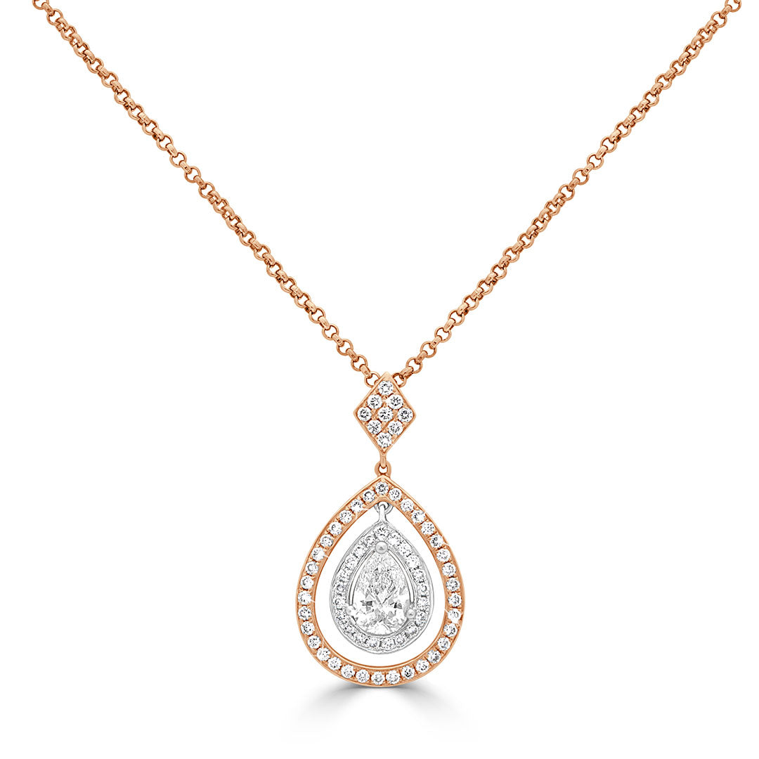 Pear Cut and Round Brilliant Diamond Double Halo Pendant Necklace