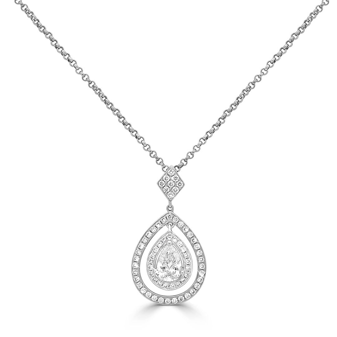 Pear Cut and Round Brilliant Diamond Double Halo Pendant Necklace
