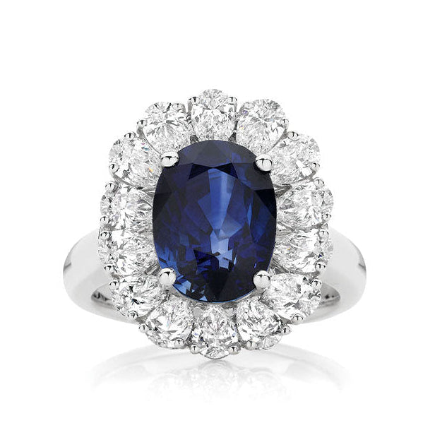 Royal Blue Sapphire Diamond and Pear Halo Ring