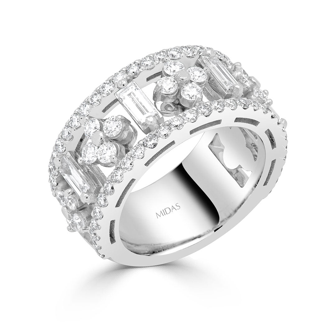 Baguette and Round Brilliant Diamond Floral Eternity Dress Ring