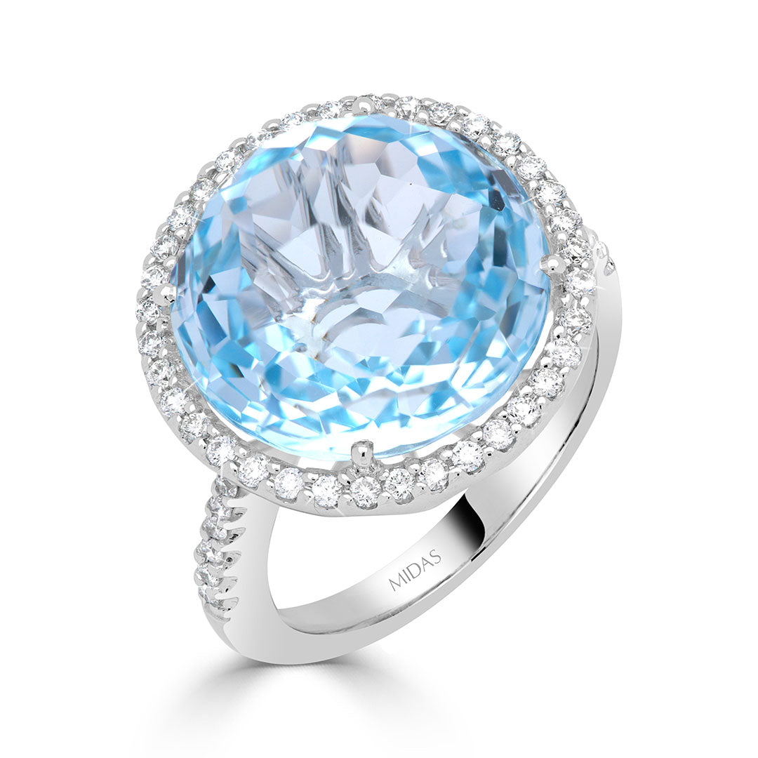 Round Brilliant Blue Topaz and Diamond Halo Dress Ring